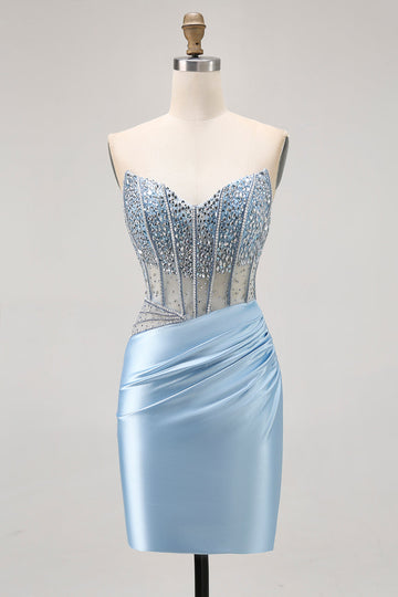 Blue Satin Tight Corset Strapless Homecoming Dress with Rhinestones